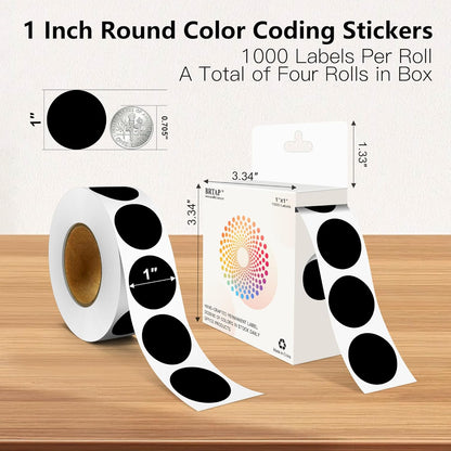 Black 1 Inch Round Color Coding Labels with 4000 Dots, 4 Rolls - Bright Color Dot Stickers for File Folders, Inventory System - Highly Visible