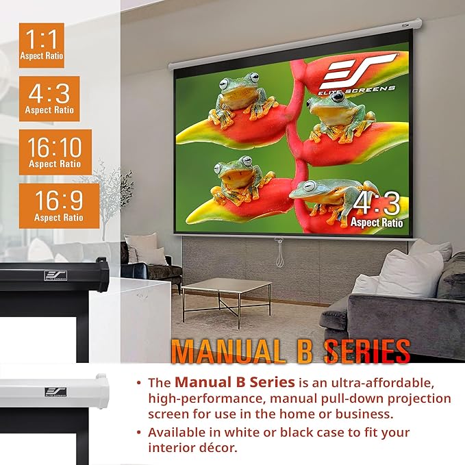 Elite Screens Manual Pull Down Projector Screen 120-INCH Home Movie Cinema Gaming Office Presentation, ISF Certified, Auto-Lock Mechanism, 4K / 8K 3D Ultra HDR HD Ready, M120H