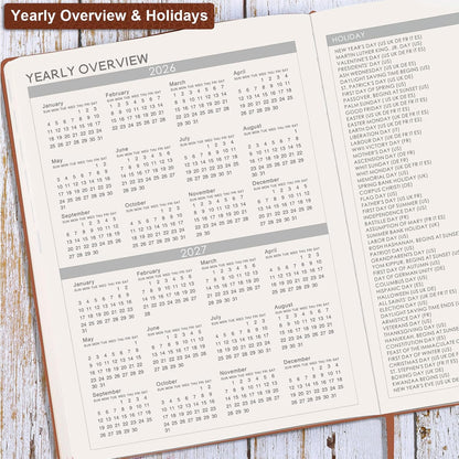 2026 Planner - 2026 Planner Weekly and Monthly, January 2026 - December 2026, 8.5" x 11", Pen Holder, Calendar Stickers, Pocket, 25 Notes Pages, Faux Leather Cover, A4 Premium Paper - Brown