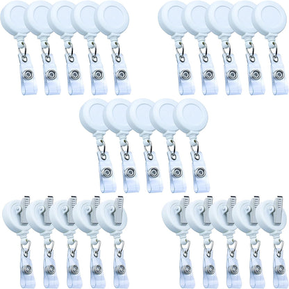 25 Pack Retractable Badge Reels with Clip, Retractable Id Badge Clip with Clear Vinyl Strap & Alligator Swivel, No Twist Dispenser (White)