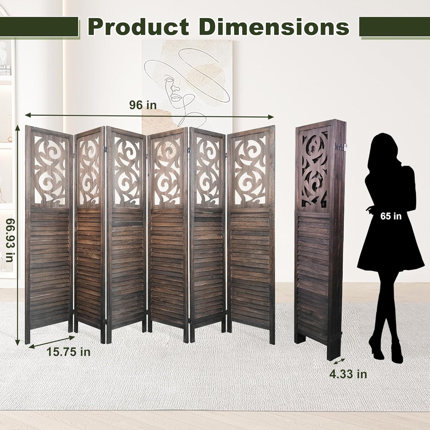 NicBex 6 Panel Room Divider,5.6FT Wood Carved Room Dividers,Folding Privacy Screens Portable Freestanding Partition Wall Dividers for Room Separation,Home Bedroom Office,Rustic Brown