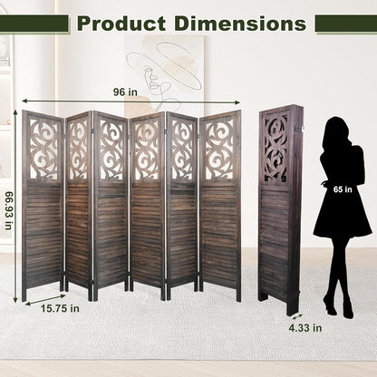 NicBex 6 Panel Room Divider,5.6FT Wood Carved Room Dividers,Folding Privacy Screens Portable Freestanding Partition Wall Dividers for Room Separation,Home Bedroom Office,Rustic Brown