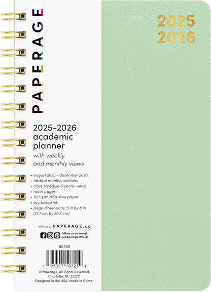 PAPERAGE 17 Month Academic Planner 2025-2026, Weekly & Monthly Spreads, August 2025 - December 2026, Small (5 in x 8 in), Sage