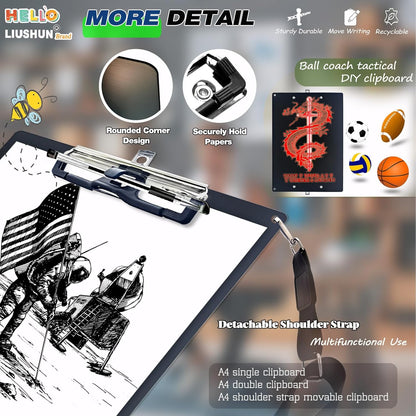 Aluminum Metal Clipboard with Detachable Adjustable Shoulder Strap A4 Double Clip Board Stainless Hangable w/Pen Holder Letter 9" x 12.6" for School Office Business Factory (Black-with Strap, A4)