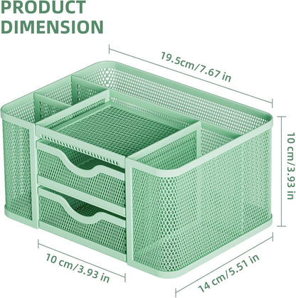 Marbrasse Mesh Desk Organizer, Pen Organizer with 2 Drawer, Multi-Functional Pencil Holder, Desk Organizers and Accessories with 5 Compartments + Drawer for Office Art Supplies (Green)