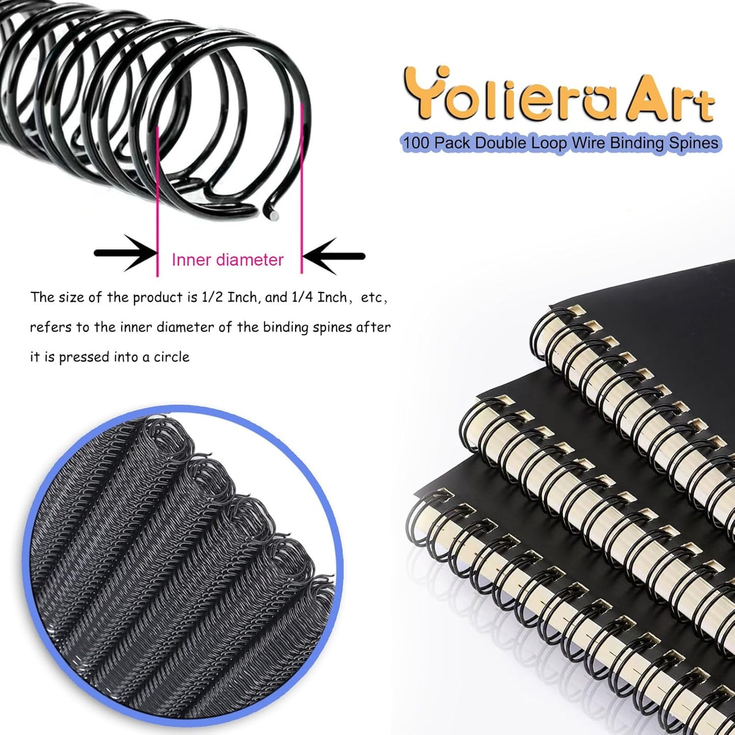 3:1 Pitch Double Loop Binding Wires, YolieraArt 100 Pack Spiral Spine Bindings, 9/16 Inch Wire Twin Binding for Book Binder Machine,Students and Coworkers (120 Sheet Capacity, 100P, White)