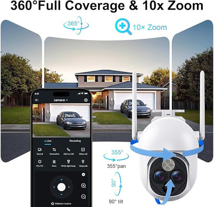 Dual-Lens Solar Security Cameras Wireless Outdoor, 360° View 10X Zoom WiFi Cameras for Home Security with PIR Detection, 2-Way Audio, IP65 Waterproof Spotlight Siren Alarm, SD/Cloud Storage