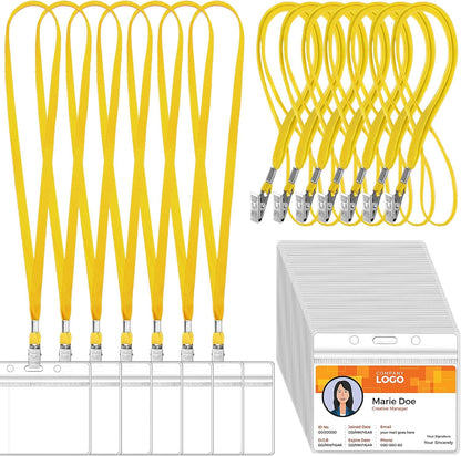 Marspark 100 Sets Clear Name Tags with Lanyard, Lanyards for ID Badges Reusable Strap with ID Holder Plastic Name Badges for Adults Business School Church Conference (Yellow)