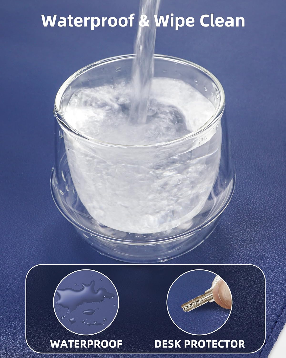 Large Desk Pad Mat - Waterproof Mouse Pad & Desk Protector, Non-Slip XL PU Leather Gaming Mat for Keyboard/Mouse, Stitched Edge with Ergonomic Support, 47"x17" (Blue)