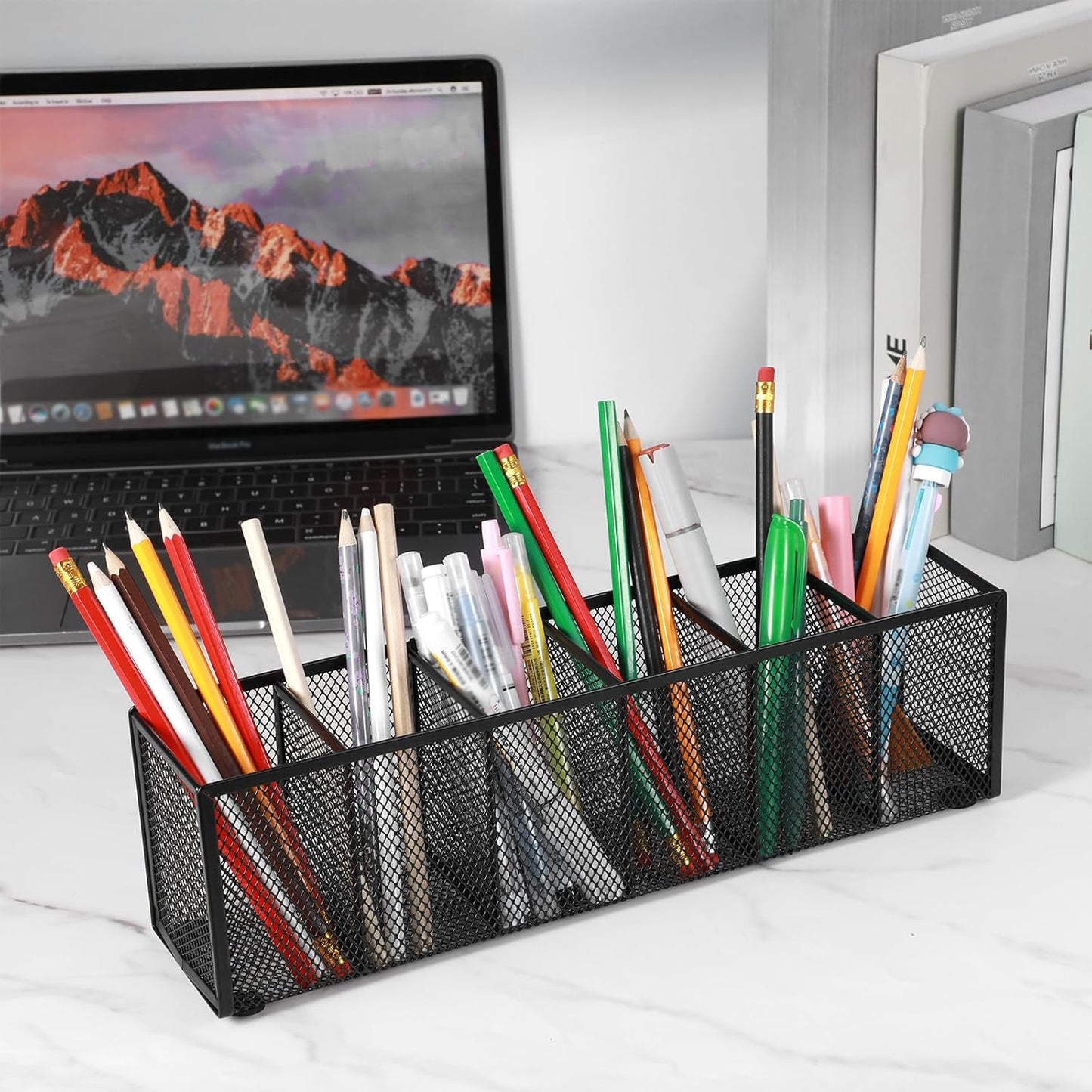 2 Pcs Black Metal Mesh Desk Organizer Pen Holder 6 Compartments Pencil Holder for Desk, pen organizer for Office Supplies, Pencil Caddy, Makeup Brush Storage, Home and Classroom Accessories