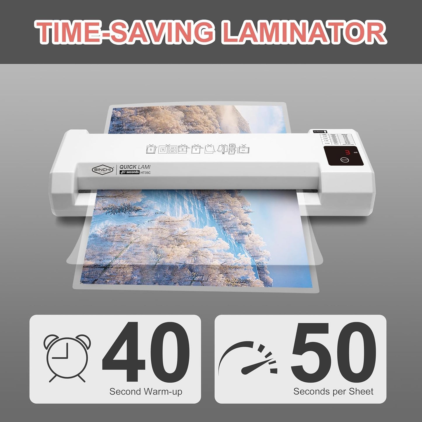 SINCHI 3–10 Mil Thermal Laminator & Foil Applicator – 13-Inch, 2-Large-Roller, 40s Warm-Up, 50s/Page, LED Touch Panel, Jam Release, Auto Shut-Off, 10 Sheets Included – for Office, School & Home Use