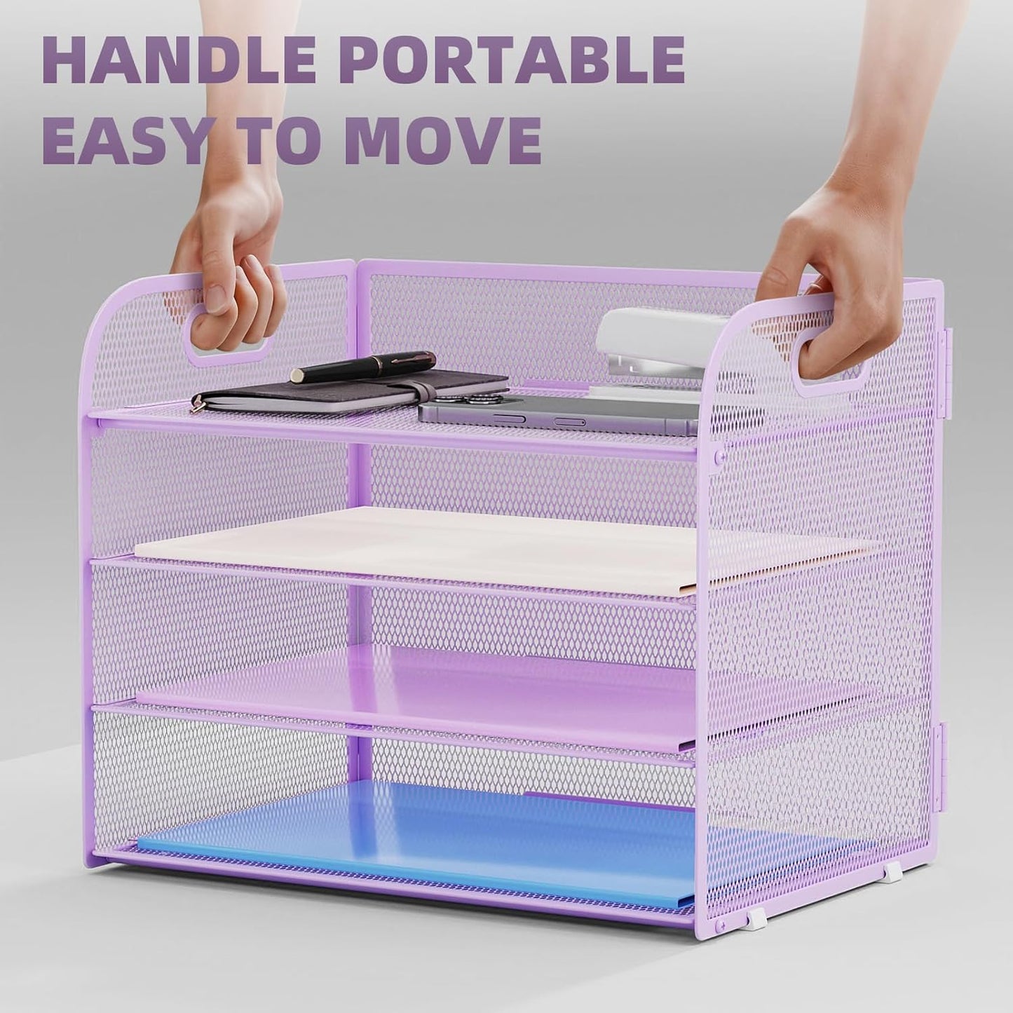 Marbrasse 4 Tier Paper Organizer Letter Tray - Mesh Desk File Organizer with Handle, Paper Sorter Organizer for Letter/A4 Office File Folder Holder (Purple, 12.6" x 9.1" x 10.7")