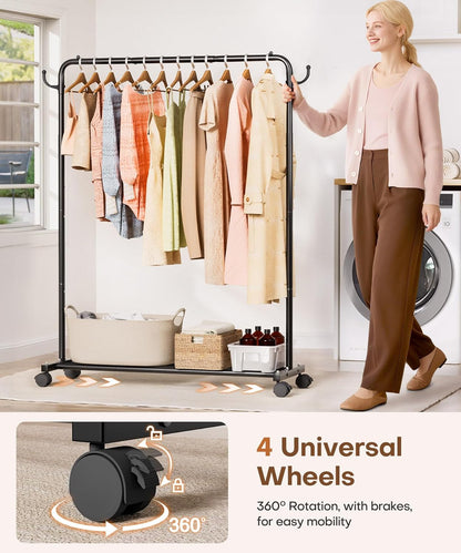 Homde Heavy Duty Clothes Rack: 120lb Standing Garment Storage for Indoor - Rolling Hanging Rod for Bedroom Laundry Room - Coat Dress Organizer on Wheels with luggage shelf (Black，46")