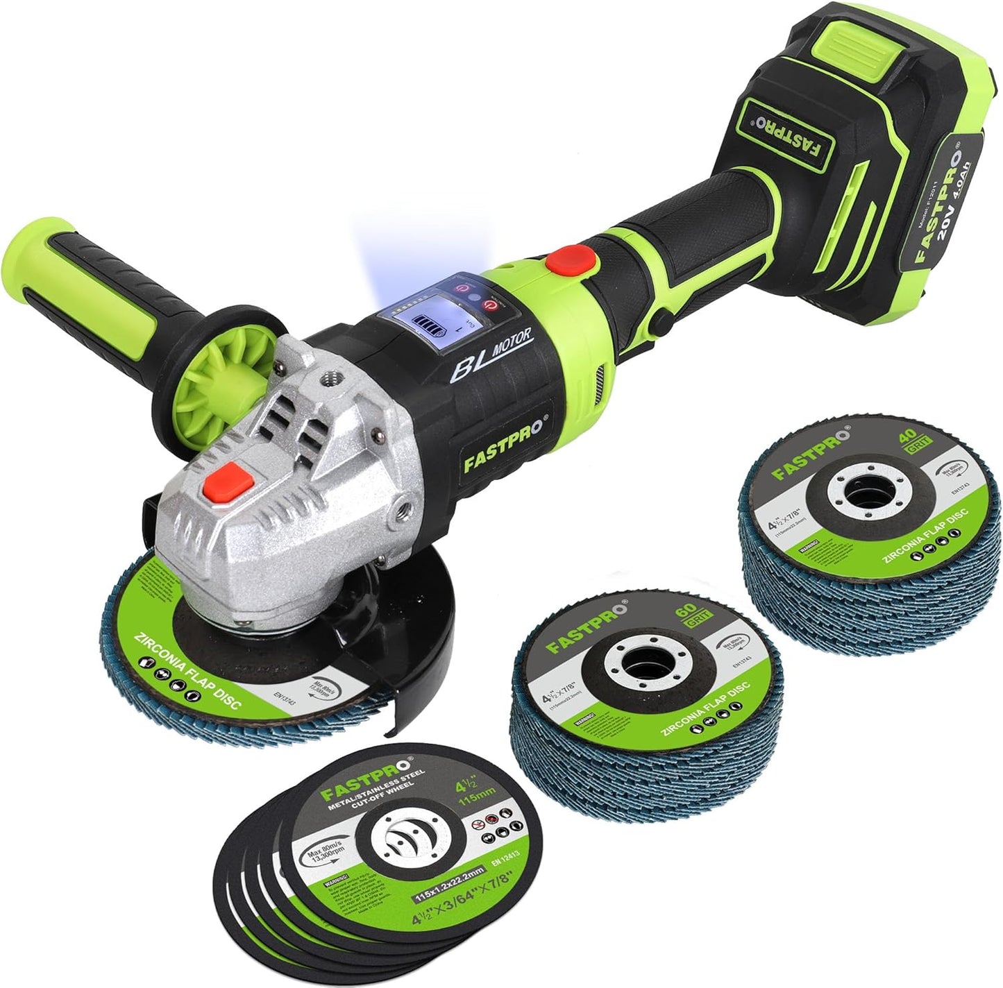 FASTPRO 20V Cordless Angle Grinder, 4-1/2 inch Cut-off Tool with Brushless Motor and 4.0 Ah Battery, Including 10PCS Flap Disc & 5PCS Cutting Wheels