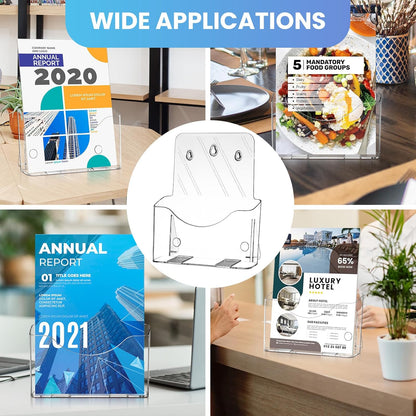 4 Pack Brochure Holder 8.5” x 11”, Acrylic Literature Holder, Plastic Clear Rack Card Display Trifold Brochures Stand Flyer Holder Pamphlet Display Stand, Wall Mount/Countertop