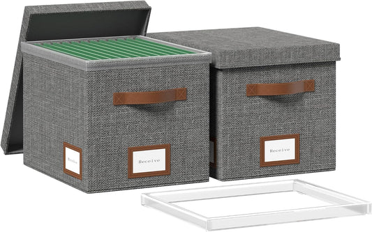 File Box for Hanging, File Organizer Box with Lid Decorative File Folders Letter Size Organizer with One-Piece Integrated Plastic Slide Rail (Grey, 13.2x10.1x10.1inch(2pack))