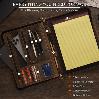 Leather Padfolio with Zipper – Business Portfolio for Men and Women, Legal Pad Portfolio, Leather Folder, Professional Padfolio for Meetings and Interviews