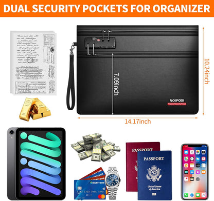 Noiposi 6400℉ Fireproof Document Bag with Lock,Dual-Zip Compartments Fireproof Money Bag for Cash and Documents,12 Layers Heat Insulated Fireproof Bag with Zipper,Protects Important Papers,Valuables
