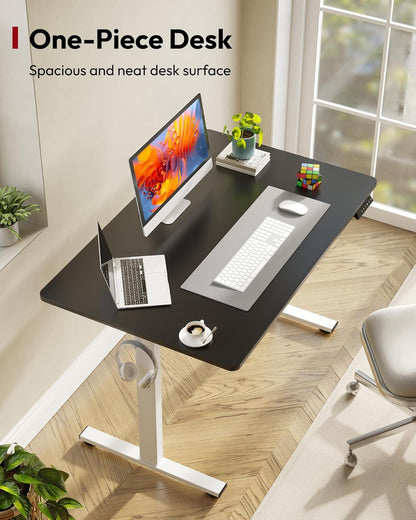 SANODESK Electric Standing Desk 48 x 30 Inches Whole-Piece Desktop Height Adjustable Stand Up Desk w/6-Button Controller Ergonomic Computer Desk for Home Office, White Frame + Black Tabletop