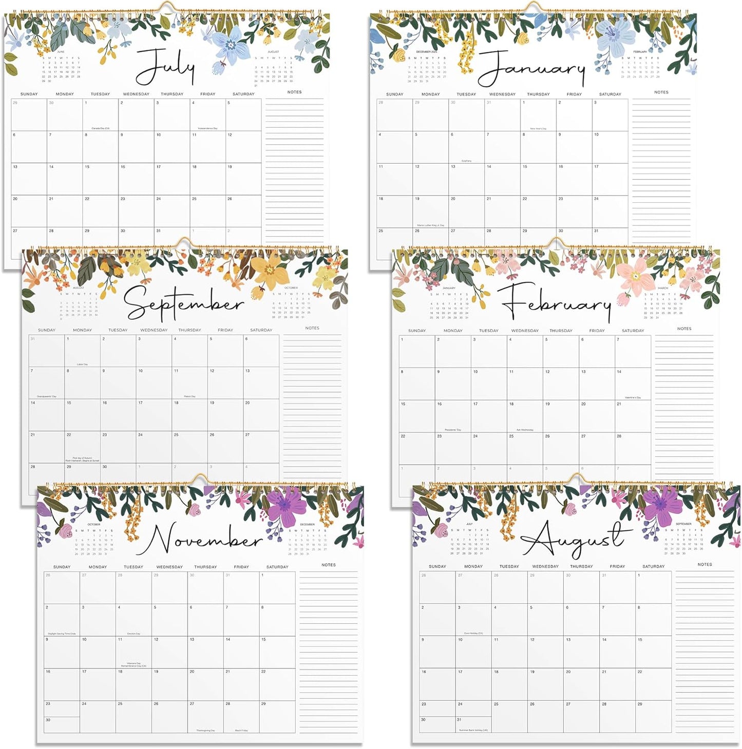 2025-2026 Wall Calendar, Gimoner Calendar 2025, 18 Months Calendar Runs From July 2025 - December 2026, 15" x 12", Twin-Wire Binding, Hanging Hook, Floral Design
