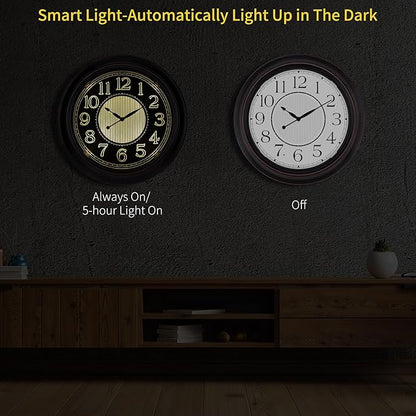 18 Inch Lighted Wall Clock Outdoor Clocks with Smart Light Sensor Battery Operated Wall Clocks with Night Light, Waterproof Wall Clock for Patio, Garden, Porch, Living Room, Home, Office