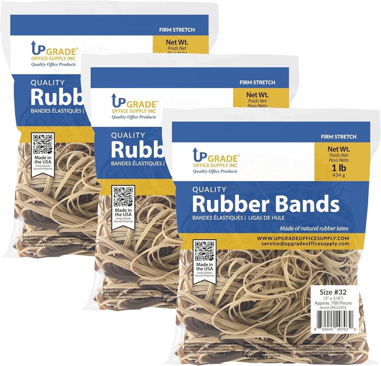 Upgrade Office Supply Rubber Bands, Size 32 (3 x 1/8), 700 Count, 1 lb Bag, 3-Pack, USA
