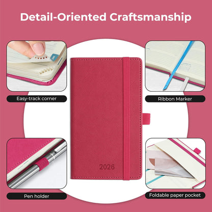 Weekly Monthly 2026 Planner (Jan.26-Dec.26),6.5"x3.75",12 Months Agenda Plan with Month Tabs & Pocket,Expenses/Note Pages, Appointment Book Calendar with Vegan Leather Cover,Rose Red