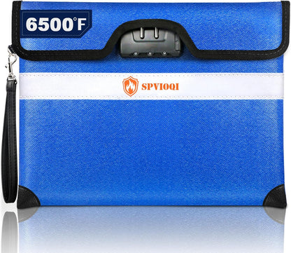 SPVIOQI 6500F Fireproof Document Bag with Lock, Upgraded 10Layer Heat Insulated, Water Resistant, Blue, Large, Rectangular, Fireproof Money Bag for Documents, Cash, Valuables