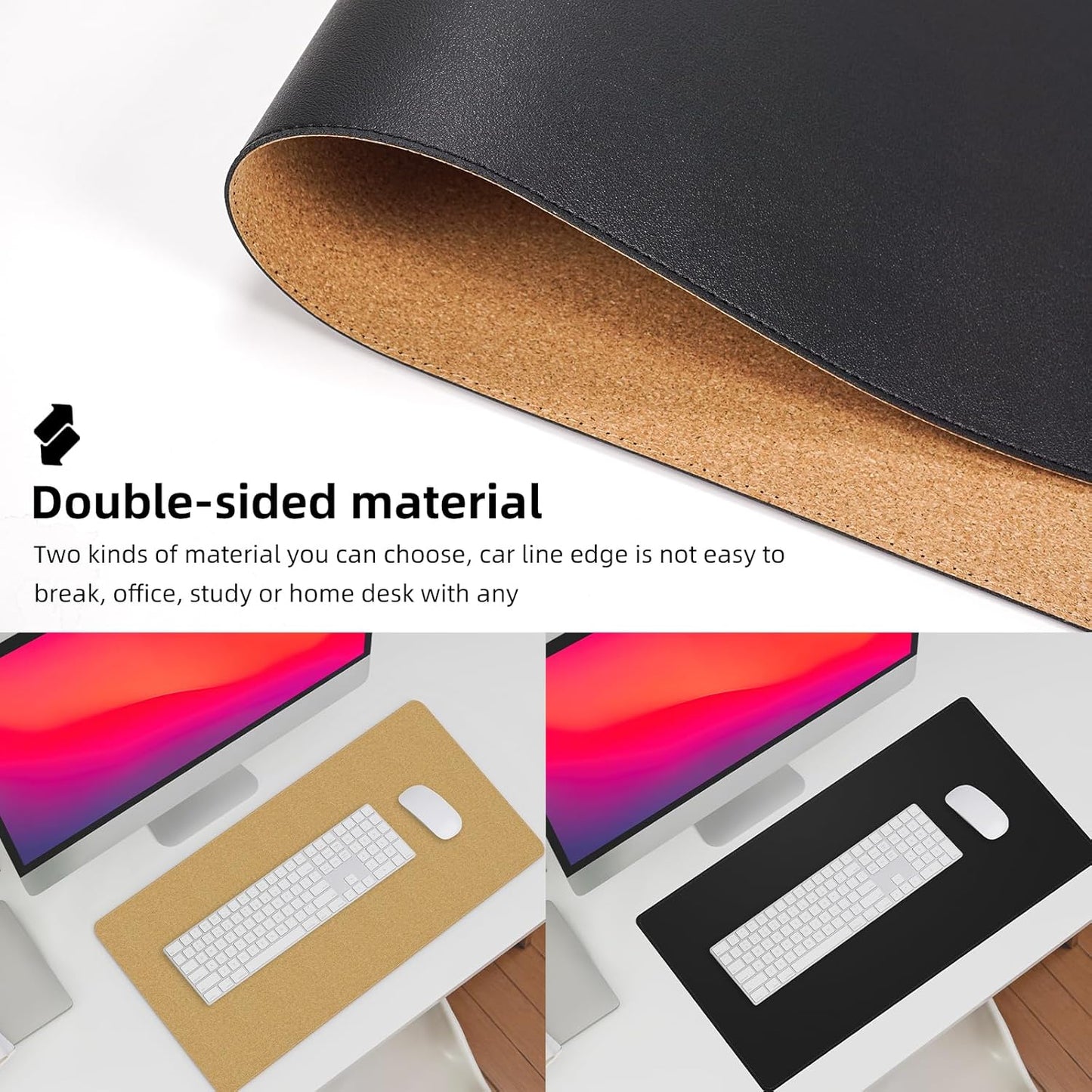 AFIING Dual-Sided Desk Pad, Natural Cork & PU Leather, Desk Mat Protector Non-Slip, Waterproof, Easy Clean,Large Mouse mats for Office and Home Work(Black, 31.5"x17")