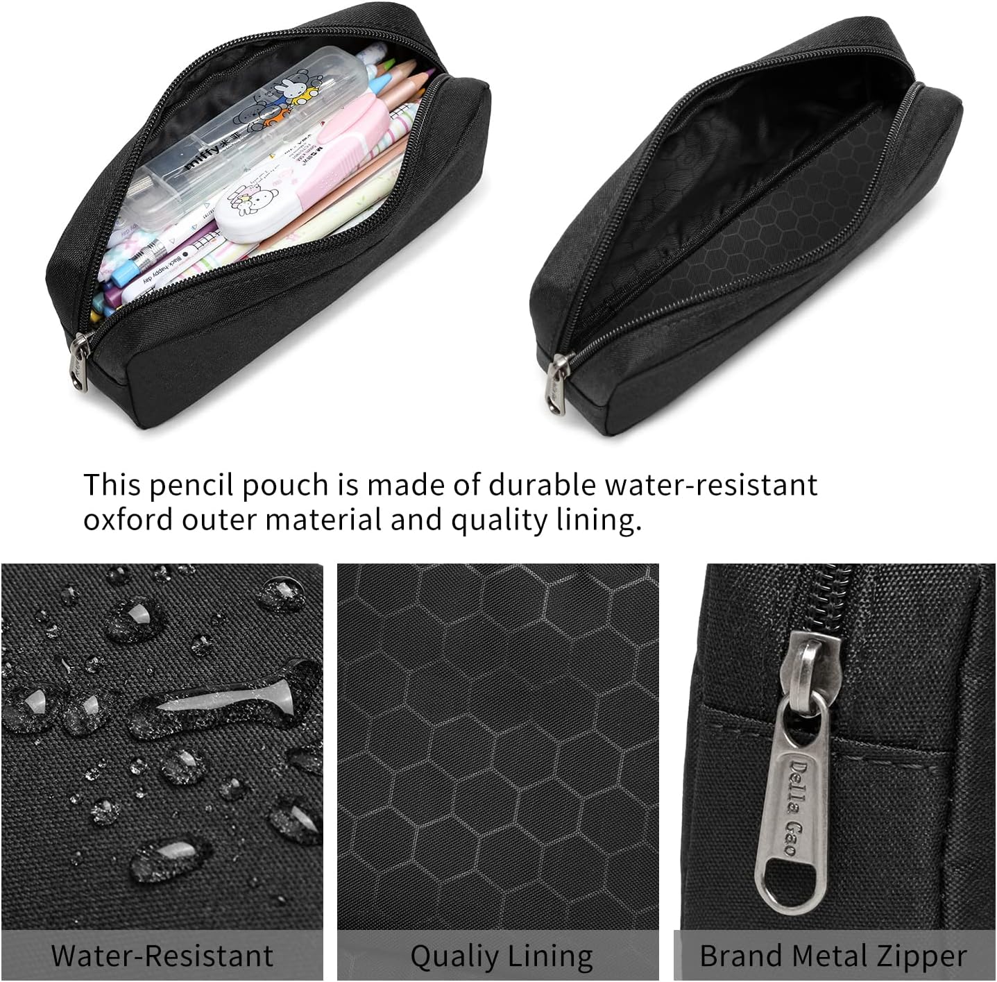 Della Gao Small Pencil Case Large Capacity Pencil Pouch Marker Pen Bag Coin Pouch Office Stationery Organizer (Balck)