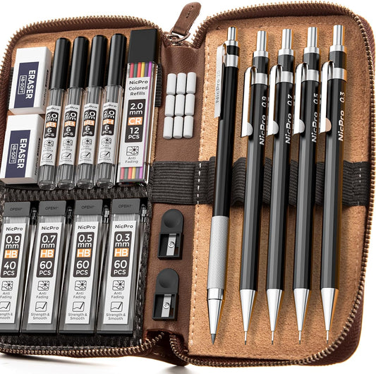Nicpro 20PCS Black Metal Mechanical Pencil Set in Leather Case, 0.3, 0.5, 0.7, 0.9 mm & 2mm Lead Pencil Holders, (4B 2B HB 2H) Lead Refills (Black & Colors), Erasers For Art Drafting Sketching Drawing