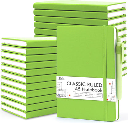 feela 24 Pack Journal Notebook Bulk for Work, Business Notebook Hardcover Lined Writing Journal with Pen Holder for Men Women Note Taking, with 24 Black Pens, 120 GSM, 5.1”x8.3”, A5, Green