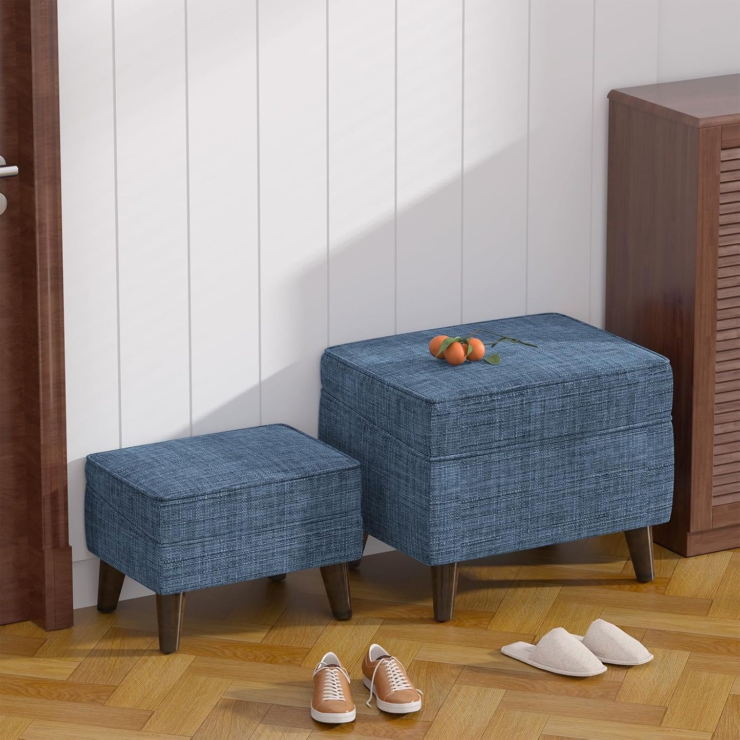 Storage Ottomans with Adjustable Cover, BOGO, Soft Step Stool, Footrest and Seat, Ottoman Foot Rest Set for Living Room, Bedroom, Dorm, Blue