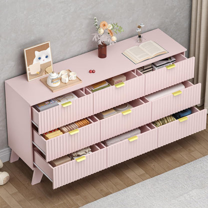 Fluted 9 Drawer Dresser, 57.1" Wide Modern Boho Chest of Drawers, Wooden Storage Dresser TV Stand for Bedroom, Living Room, Closet, Hallway, Curved Profile Design