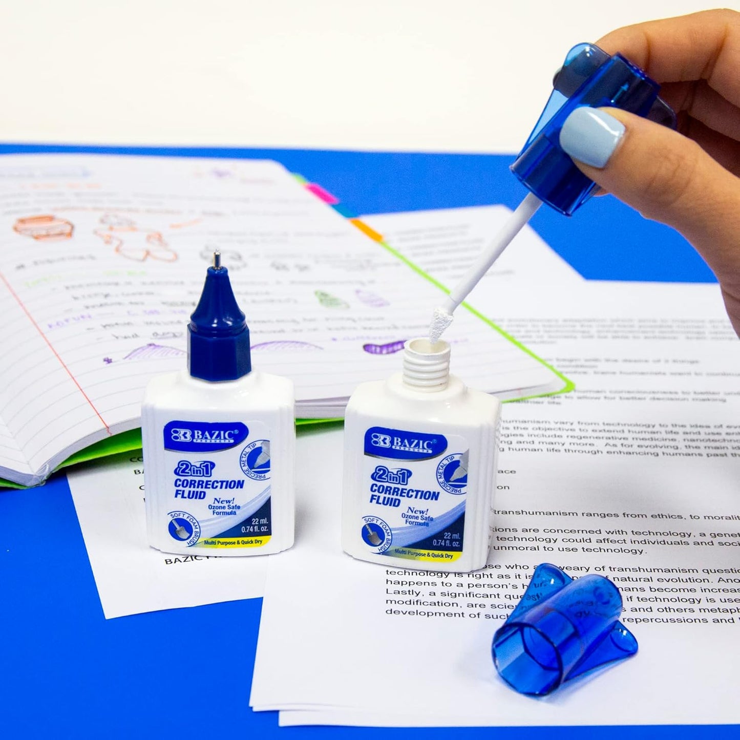 BAZIC Correction Liquid 2 in 1 (0.74 oz / 22 ml), Foam Brush & Precise Metal Tip Applicator, Instant Corrections Pen White Out Fluid, 144-Packs