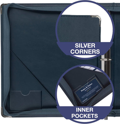 Samsill Leather Binder, Classic Collection - Zippered, Executive Presentation Portfolio, 1.5 Inch Round Ring (Holds 325 Sheets), Silver Corner Accents, Navy