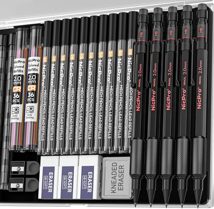 Nicpro 5 Pack 2mm Mechanical Pencils Set with Case, 65 Graphite Lead Refills (6B 4B 2B HB 2H 4H), 72 Colored Lead, Erasers -Weatherproof Metal Barrel, Heavy Duty Carpenter Pencil For Drawing Sketching