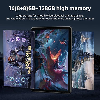 Tablet 10 Inch Android 14 Tablet, 16GB RAM 128GB ROM, 1TB Expansion, Octa-core, Large Capacity Battery, 5MP + 8MP Dual Camera, 5G/2.4G WiFi, Bluetooth 5.0, GPS, Drop-Proof Case - Black (Black)