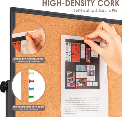 Double Sided Cork Board White Board, 32 x 48 inches Large Cork Board for Office, Height Adjustable Magnetic Dry Erase Board on Wheels, Portable Freestanding Natural Corkboard for Displaying, Planning