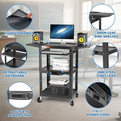 Large Steel AV Cart with Power Strip & Drop Leaves - Height Adjustable Metal Madia Cart with Wheels - Heavy Duty Rolling Computer Workstation for Laptop Projector Printer TV, Black (46" x 18")