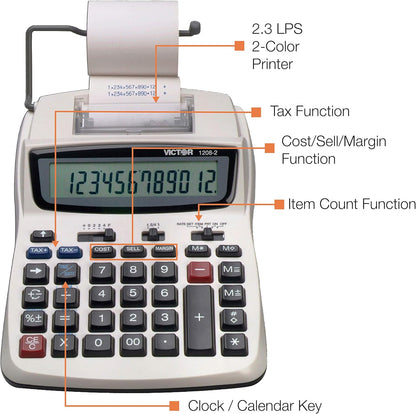 Victor Printing Calculator, 1208-2 Compact and Reliable Adding Machine with 12 Digit LCD Display, Battery or AC Powered, Includes Adapter,White