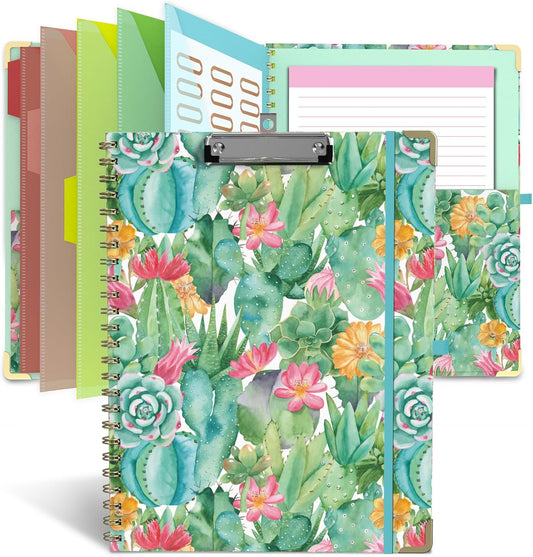 Foldable Clipboard Folio with Storage, 5 Plastic Folders with 10 Pockets,Refillable Lined Notepad (11" x 8.5"), Hardcover Project Organizer Nursing Teacher School Essentials(Cactus Flowers)