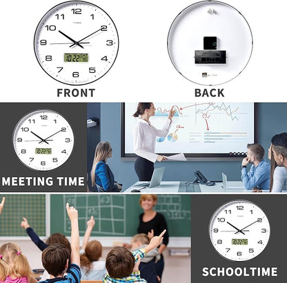 Wall Clock, 14" Large Dial Non-Ticking Silent Battery Operated Analog with LCD Display for Perpetual Calendar and F° Temperature, Ideal Modern Home, Bedroom, Office Decor (Black)