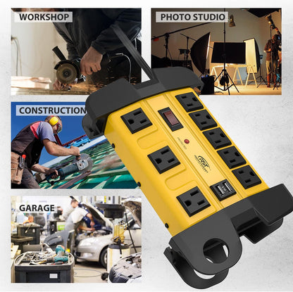 Heavy Duty Surge Protector Power Strip with 2 USB Ports, CRST 8-Outlet Metal Industrial Power Block with 15A Circuit Breaker, 6ft Extension Cord, 1350 Joules for Workshop, Garage, Office, Shop…