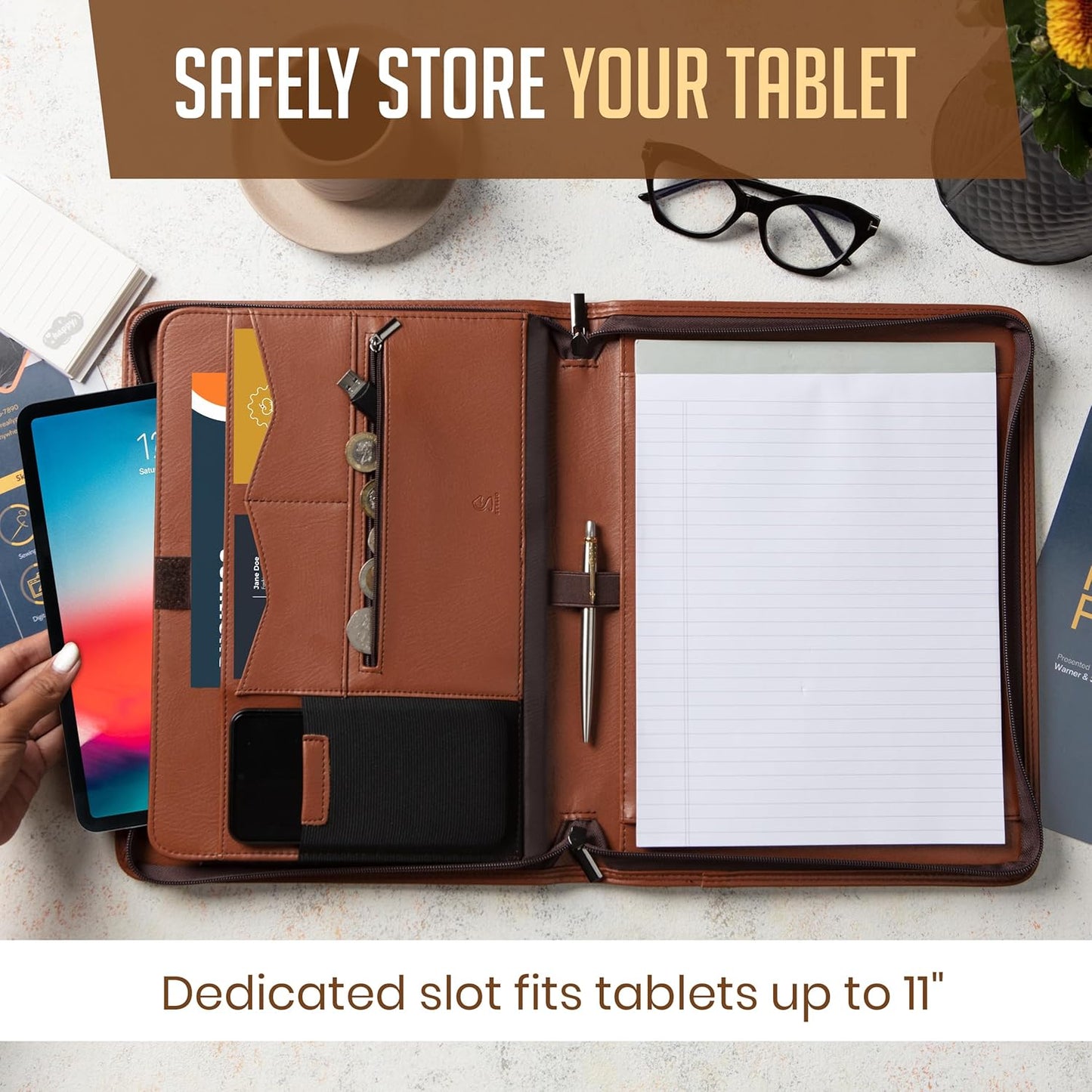 STYLIO Zipper Padfolio Portfolio Binder Organizer (Tan Color) | Faux Leather Portfolio for Resume, Documents, Phone, Tablet, Business Supplies and Cards | Letter Sized Notepad Included | Brown