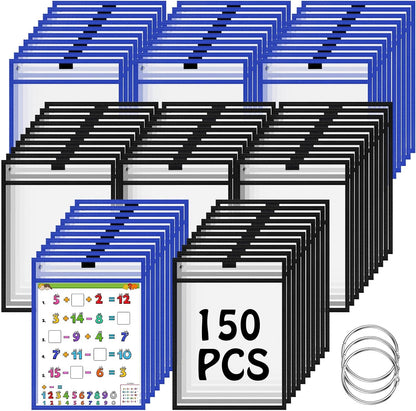 Teling 150 Pcs Dry Erase Pockets Bulk Reusable Job Ticket Holders Clear Plastic Sleeve Protector Work Order Sleeve Shop Ticket Holder for Welcome Teacher Back Office Supplies(10 x 14'',Black Blue)