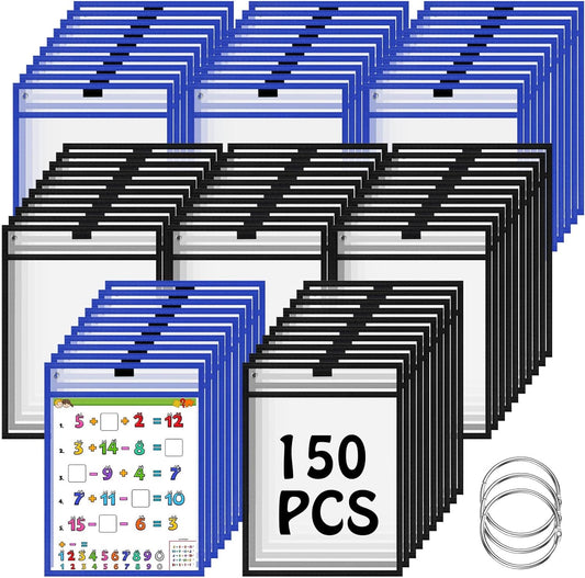 Teling 150 Pcs Dry Erase Pockets Bulk Reusable Job Ticket Holders Clear Plastic Sleeve Protector Work Order Sleeve Shop Ticket Holder for Welcome Teacher Back Office Supplies(10 x 14'',Black Blue)