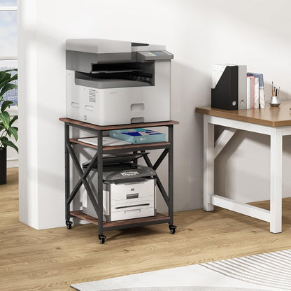 23.6 x 23.6 Inches Large Printer Stand, 3 Tier Square Printer Table with Height Adjustable Storage Shelf, Rolling Printer Cart with Industrial Wheels for Home Office - Rustic Brown
