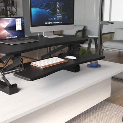 Mount-It! Height Adjustable Standing Desk Converter, Extra Large 48” Wide Tabletop for Dual Monitors, Stand Up Desk Riser to 19.5" Tall, Gas Spring Raising Desk Computer Workstation Convertor in Black