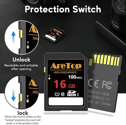 AreTop SD Card 16GB, 5 Pack UHS-I Class 10 SDHC Memory Card, 5 Pack 16GB Full HD Video Secure Digital Cards for Cameras, DSLR, Action Cams and Trail Camera